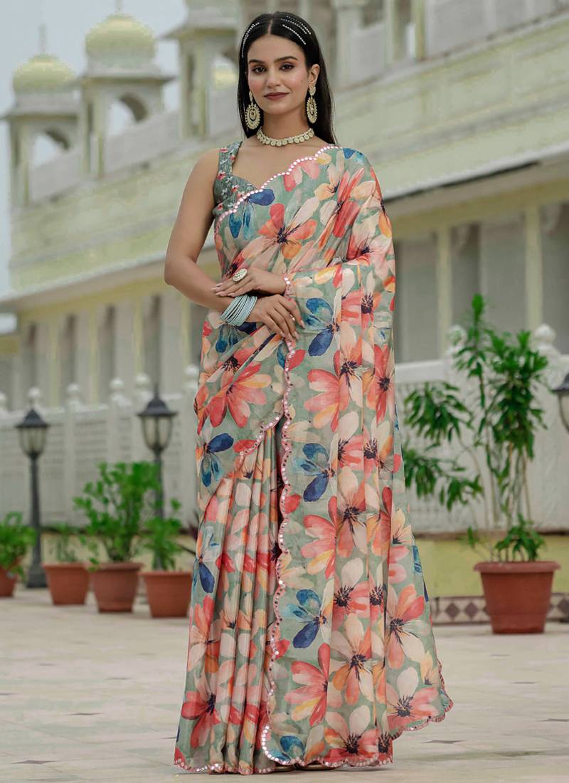 multi color chinon silk blend floral printed with mirror cut border ready to wear saree