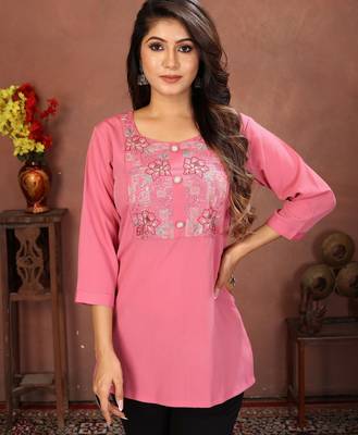 Pink rinkal cotton embroidered formal looking short kurta 4