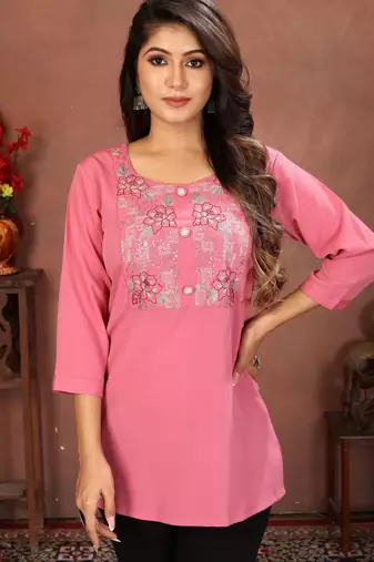 Pink rinkal cotton embroidered formal looking short kurta