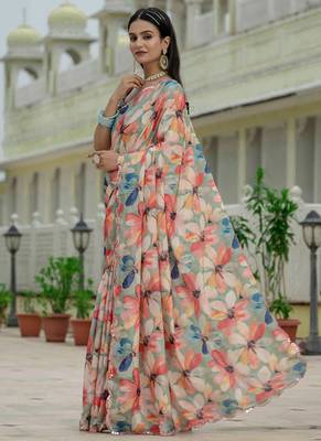 multi color chinon silk blend floral printed with mirror cut border ready to wear saree 2