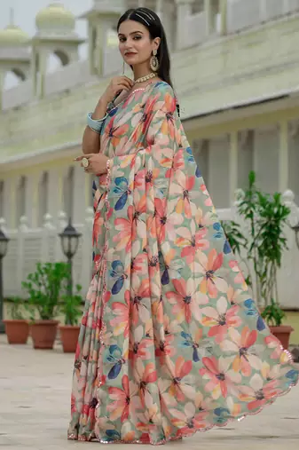 multi color chinon silk blend floral printed with mirror cut border ready to wear saree