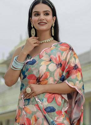 multi color chinon silk blend floral printed with mirror cut border ready to wear saree 3