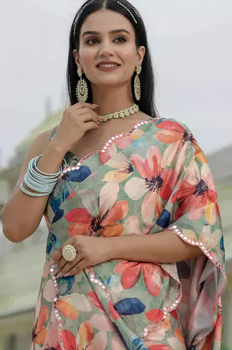 multi color chinon silk blend floral printed with mirror cut border ready to wear saree