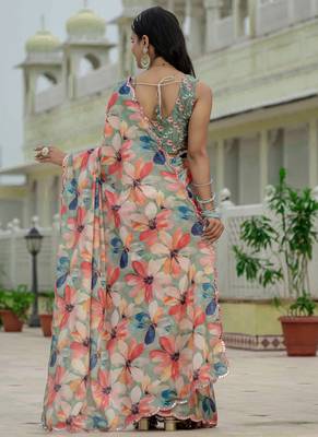 multi color chinon silk blend floral printed with mirror cut border ready to wear saree 4