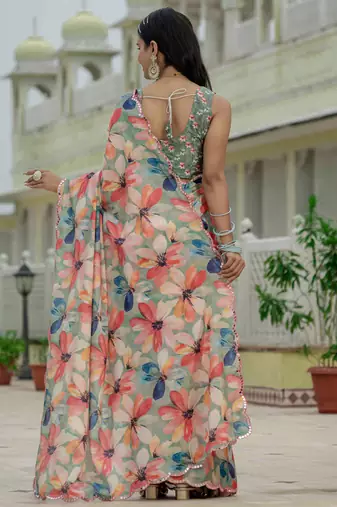 multi color chinon silk blend floral printed with mirror cut border ready to wear saree