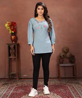Sky blue rinkal cotton embroidered formal looking short kurta 1
