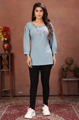 Sky blue rinkal cotton embroidered formal looking casual short kurta