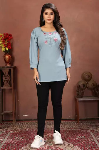 Sky blue rinkal cotton embroidered formal looking casual short kurta
