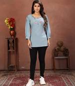 Sky blue rinkal cotton embroidered formal looking casual short kurta