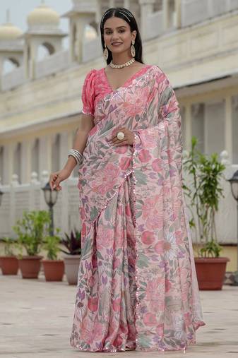 light pink chinon silk blend floral printed with mirror cut border ready to wear saree