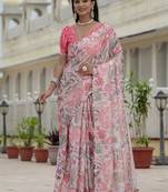 light pink chinon silk blend floral printed with mirror cut border ready to wear saree