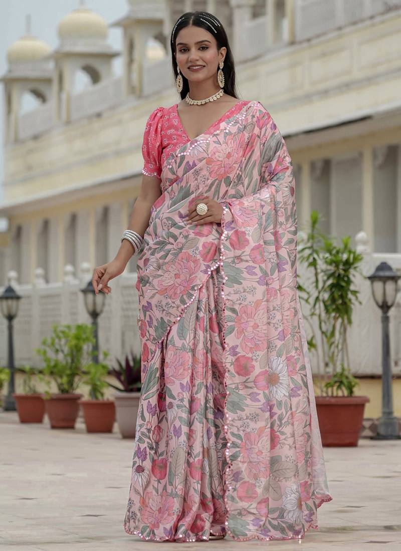 light pink chinon silk blend floral printed with mirror cut border ready to wear saree