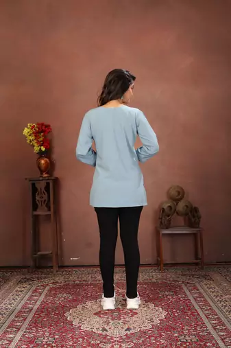 Sky blue rinkal cotton embroidered formal looking short kurta