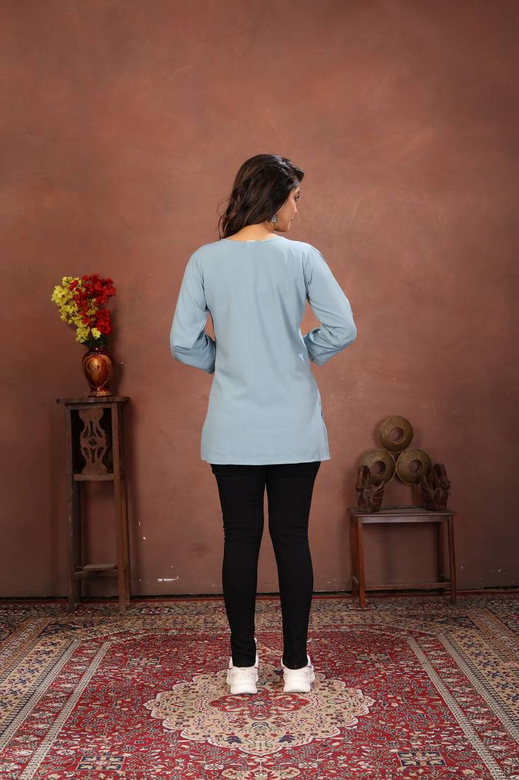 Sky blue rinkal cotton embroidered formal looking casual short kurta