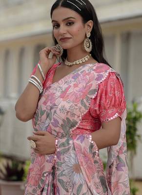 light pink chinon silk blend floral printed with mirror cut border ready to wear saree 2