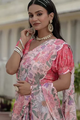 light pink chinon silk blend floral printed with mirror cut border ready to wear saree
