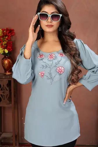 Sky blue rinkal cotton embroidered formal looking short kurta