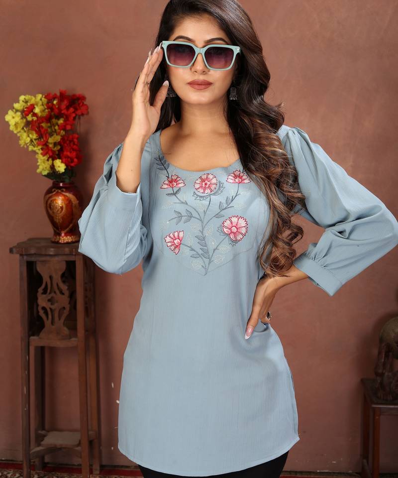 Sky blue rinkal cotton embroidered formal looking casual short kurta