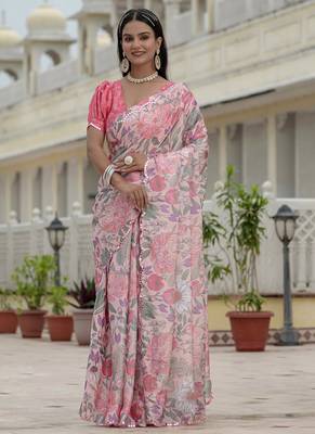 light pink chinon silk blend floral printed with mirror cut border ready to wear saree 3