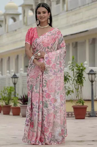 light pink chinon silk blend floral printed with mirror cut border ready to wear saree
