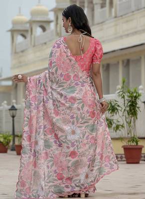 light pink chinon silk blend floral printed with mirror cut border ready to wear saree 4