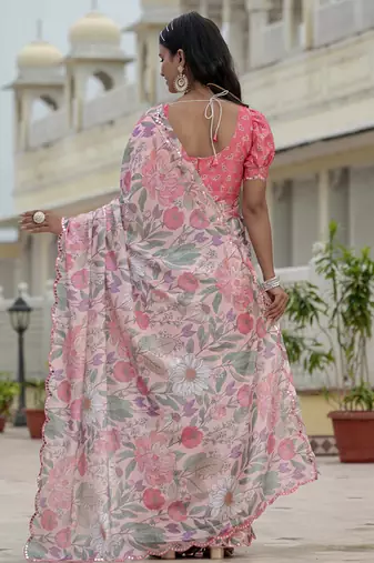 light pink chinon silk blend floral printed with mirror cut border ready to wear saree