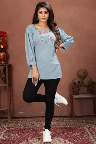 Sky blue rinkal cotton embroidered formal looking short kurta