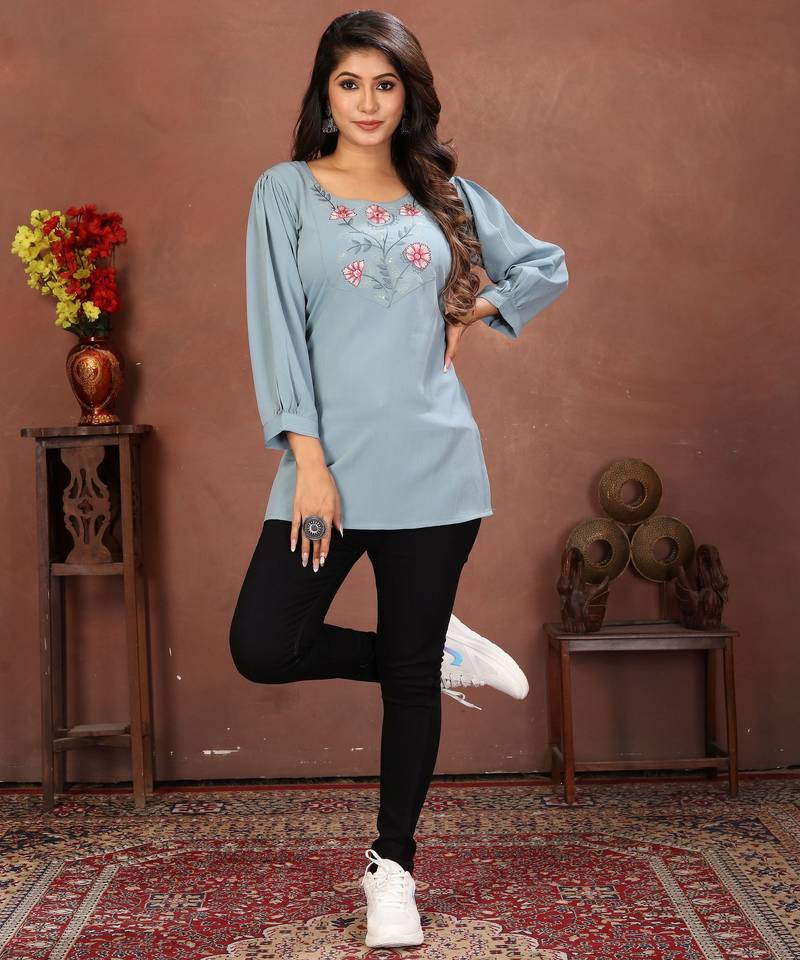 Sky blue rinkal cotton embroidered formal looking casual short kurta