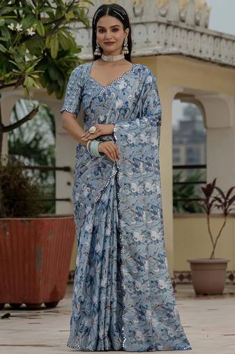 grey chinon silk blend floral printed with mirror cut border ready to wear saree