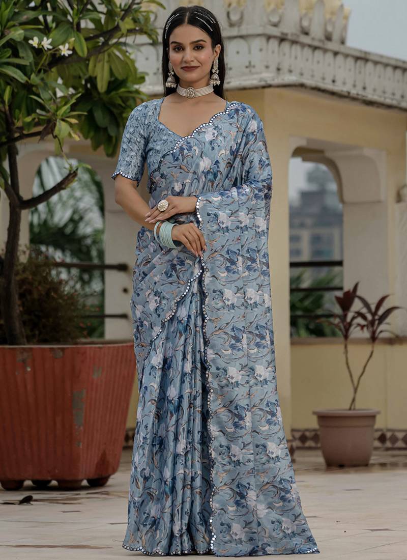 grey chinon silk blend floral printed with mirror cut border ready to wear saree