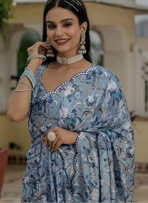 grey chinon silk blend floral printed with mirror cut border ready to wear saree 2