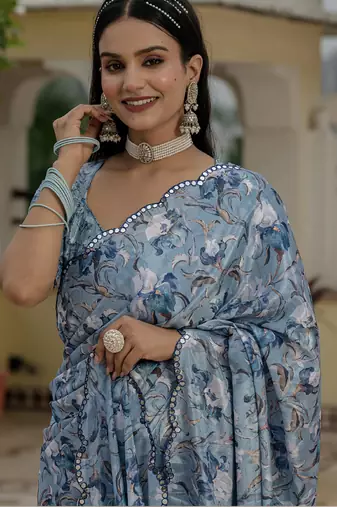 grey chinon silk blend floral printed with mirror cut border ready to wear saree