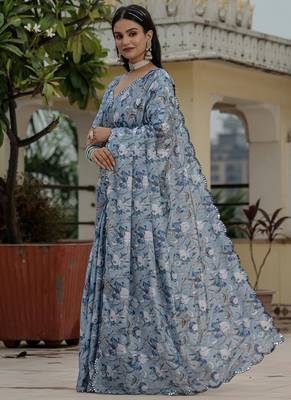 grey chinon silk blend floral printed with mirror cut border ready to wear saree 3
