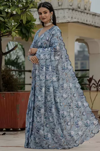 grey chinon silk blend floral printed with mirror cut border ready to wear saree