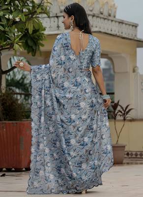 grey chinon silk blend floral printed with mirror cut border ready to wear saree 4
