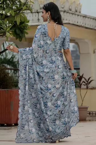 grey chinon silk blend floral printed with mirror cut border ready to wear saree