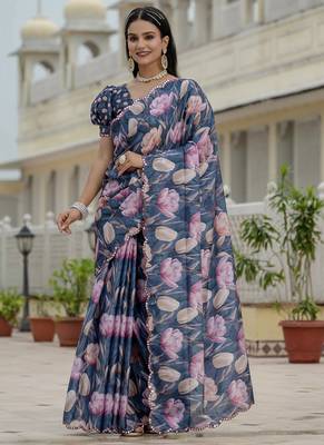 grey chinon silk blend floral printed with mirror cut border ready to wear saree 1