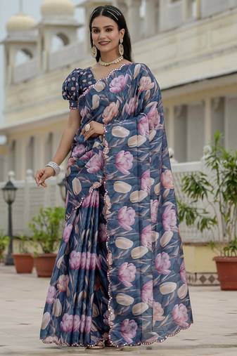 grey chinon silk blend floral printed with mirror cut border ready to wear saree