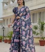 grey chinon silk blend floral printed with mirror cut border ready to wear saree