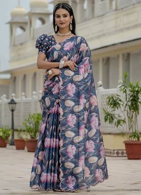 grey chinon silk blend floral printed with mirror cut border ready to wear saree 2