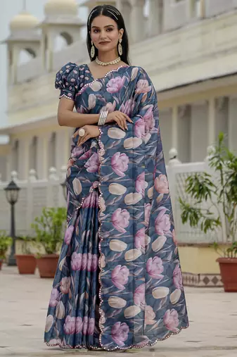 grey chinon silk blend floral printed with mirror cut border ready to wear saree