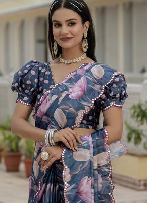 grey chinon silk blend floral printed with mirror cut border ready to wear saree 3