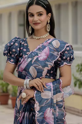grey chinon silk blend floral printed with mirror cut border ready to wear saree