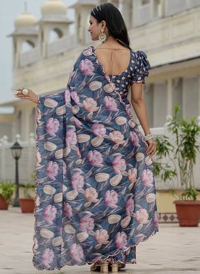 grey chinon silk blend floral printed with mirror cut border ready to wear saree 4
