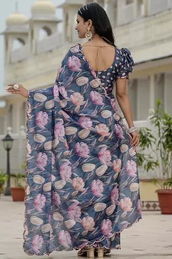 grey chinon silk blend floral printed with mirror cut border ready to wear saree
