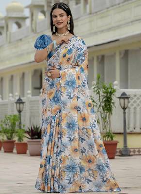 off white chinon silk blend floral printed with mirror cut border ready to wear saree 1