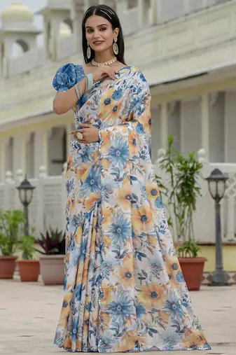 off white chinon silk blend floral printed with mirror cut border ready to wear saree