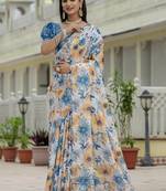 off white chinon silk blend floral printed with mirror cut border ready to wear saree