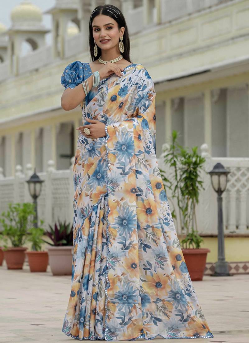 off white chinon silk blend floral printed with mirror cut border ready to wear saree