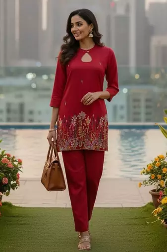 Pink cotton silk embroidered co-ord set for trendy girls